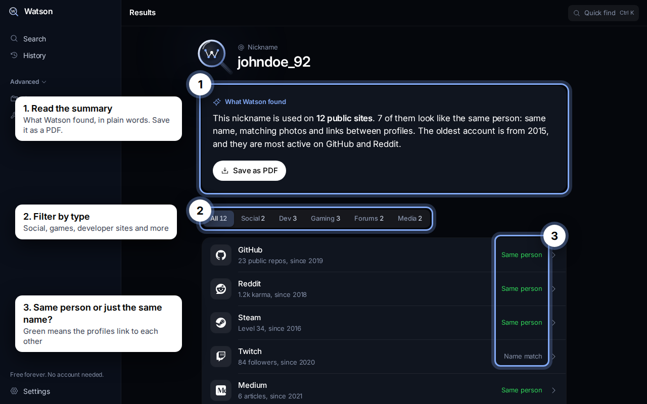 Step 4: read the summary, filter by type, check Same person or Name match