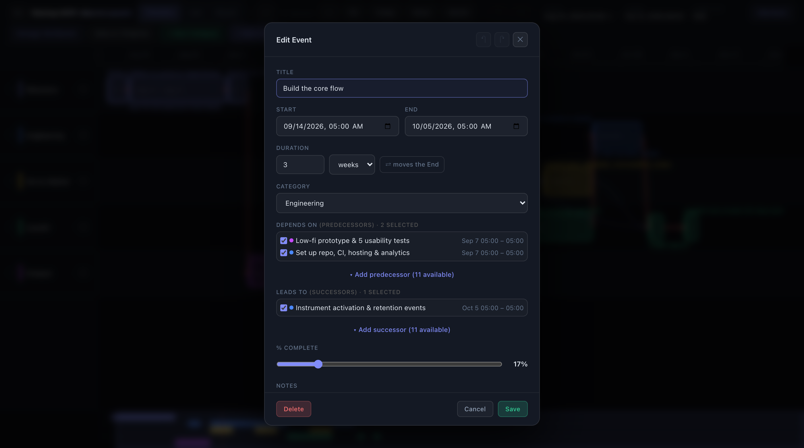 The event editor with predecessors, successors, and percent complete