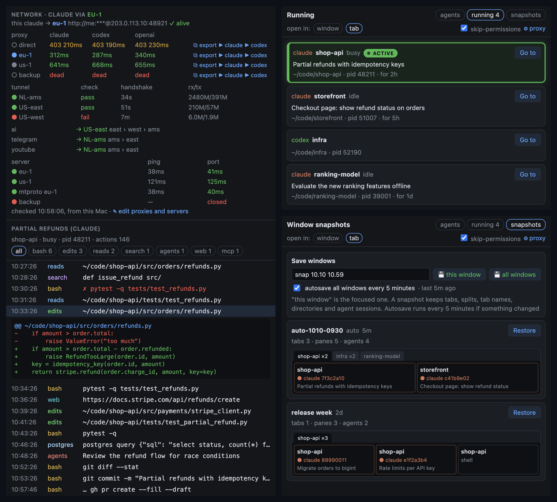 Agent actions with proxy health per CLI, running agents, window snapshots