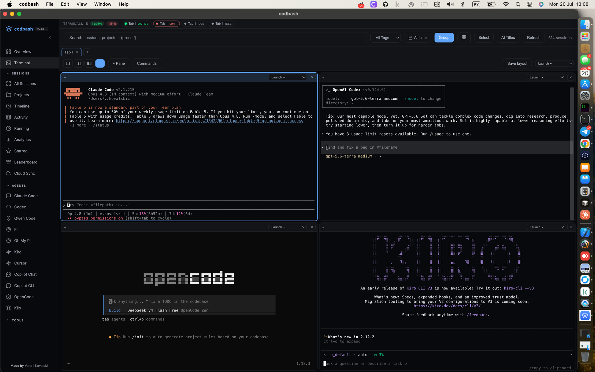 codbash — four AI coding agents running side by side in the built-in Workspace terminal