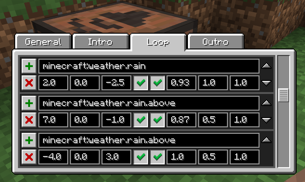 The Sound Block's GUI, showing the Loop tab with some example sounds.