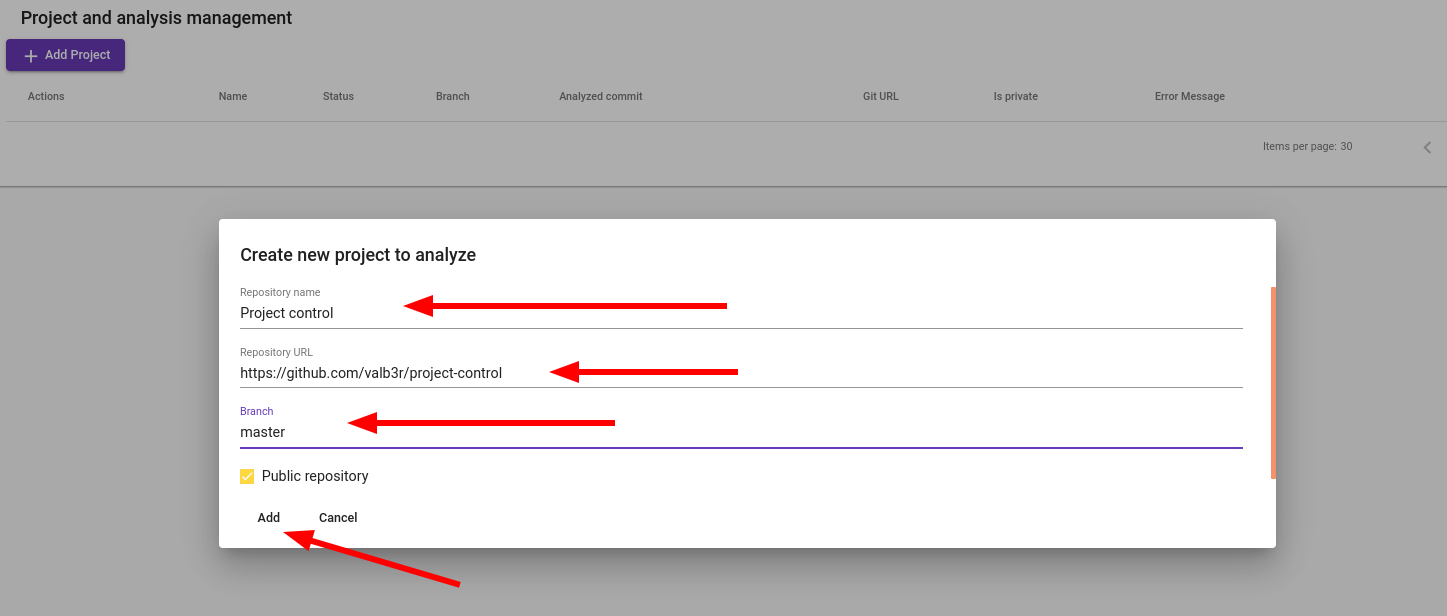 Fill in new project to analyze details and then Add