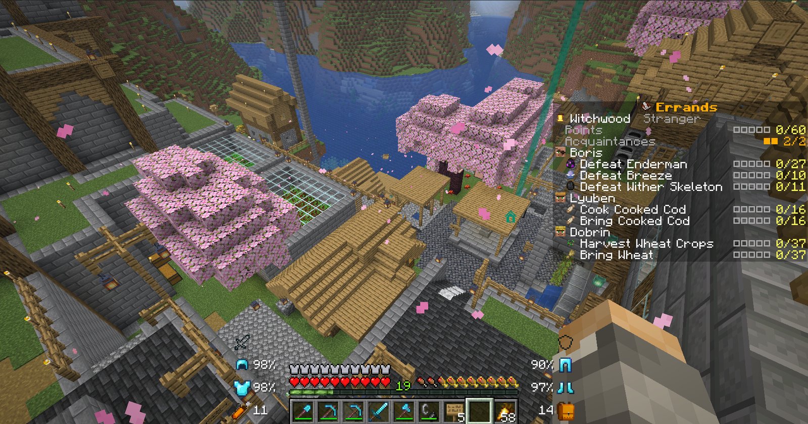 A village, with your errands tracked on the right
