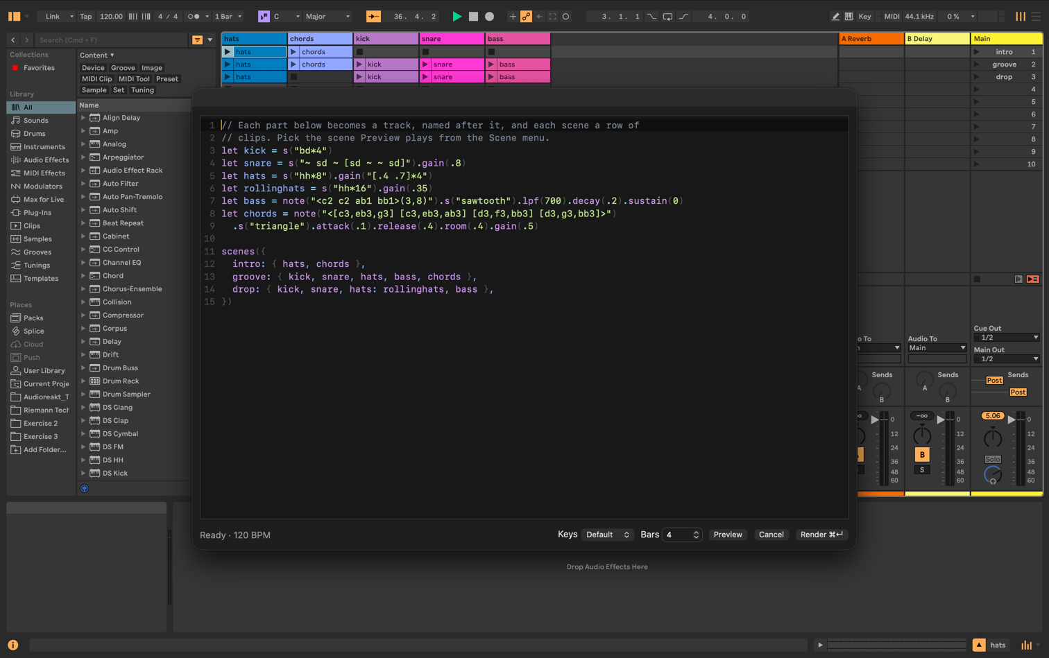 The Strudel editor dialog open over Live's Session View