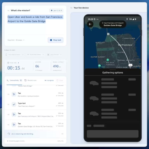 mobile-jev driving the Uber app on a real Android phone