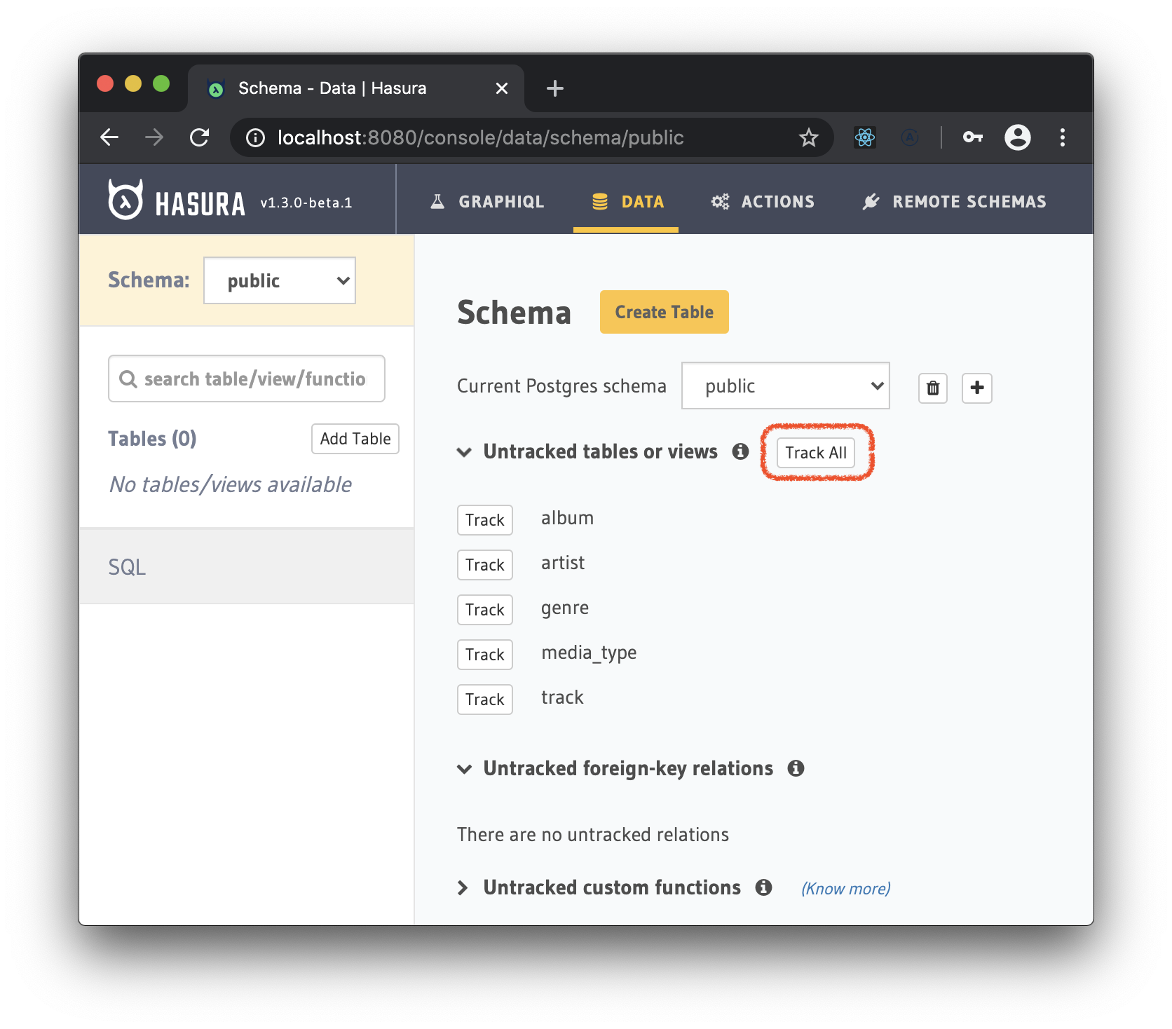 Track tables in console