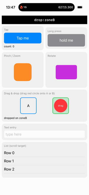 Testa driving the iOS Simulator — tap, pinch, rotate, drag-and-drop, type