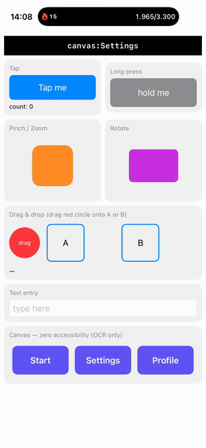 Testa driving a Canvas-rendered screen that has zero accessibility, via OCR