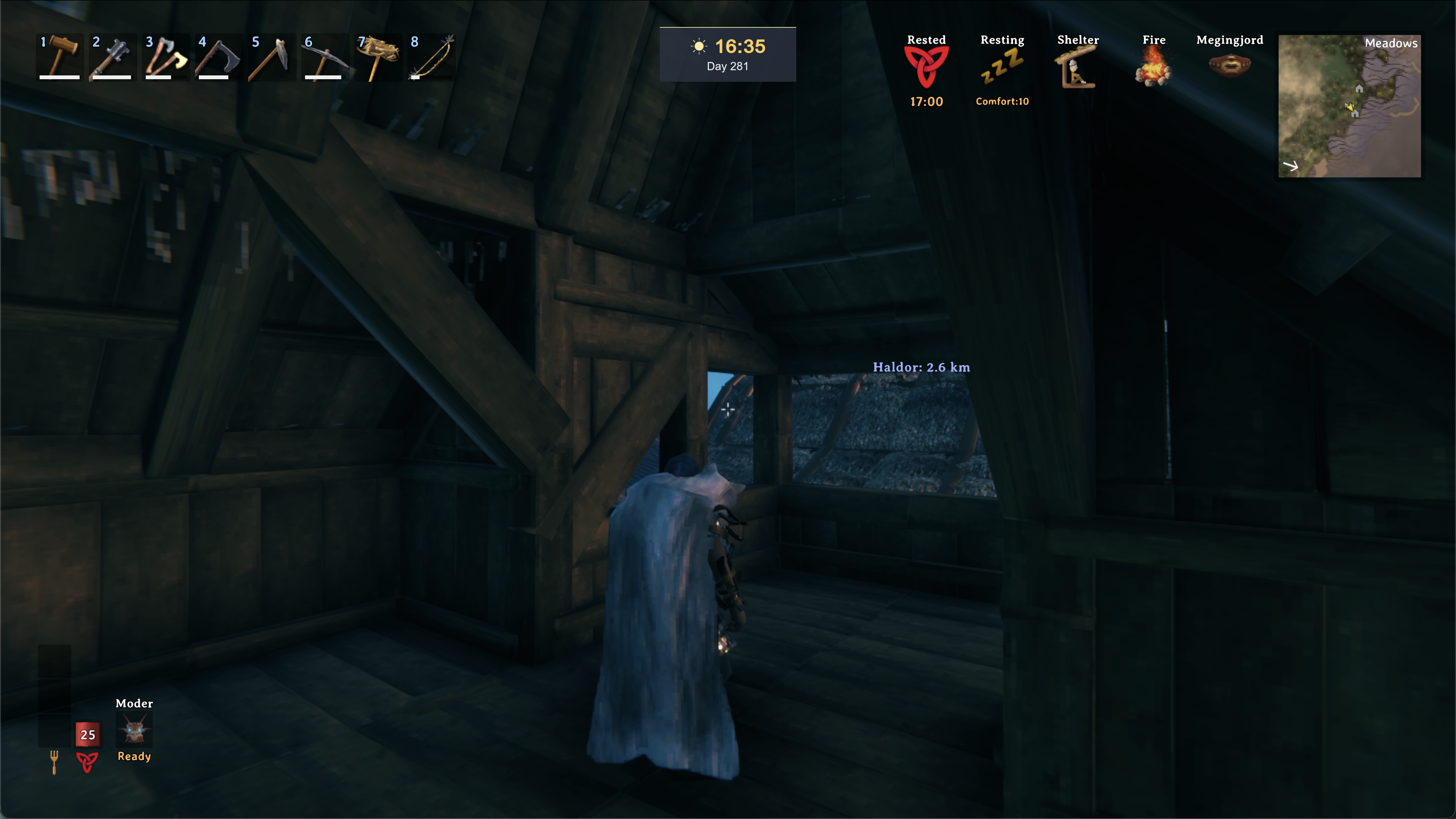 The running Valheim game showing the matching Haldor 2.6 km ping