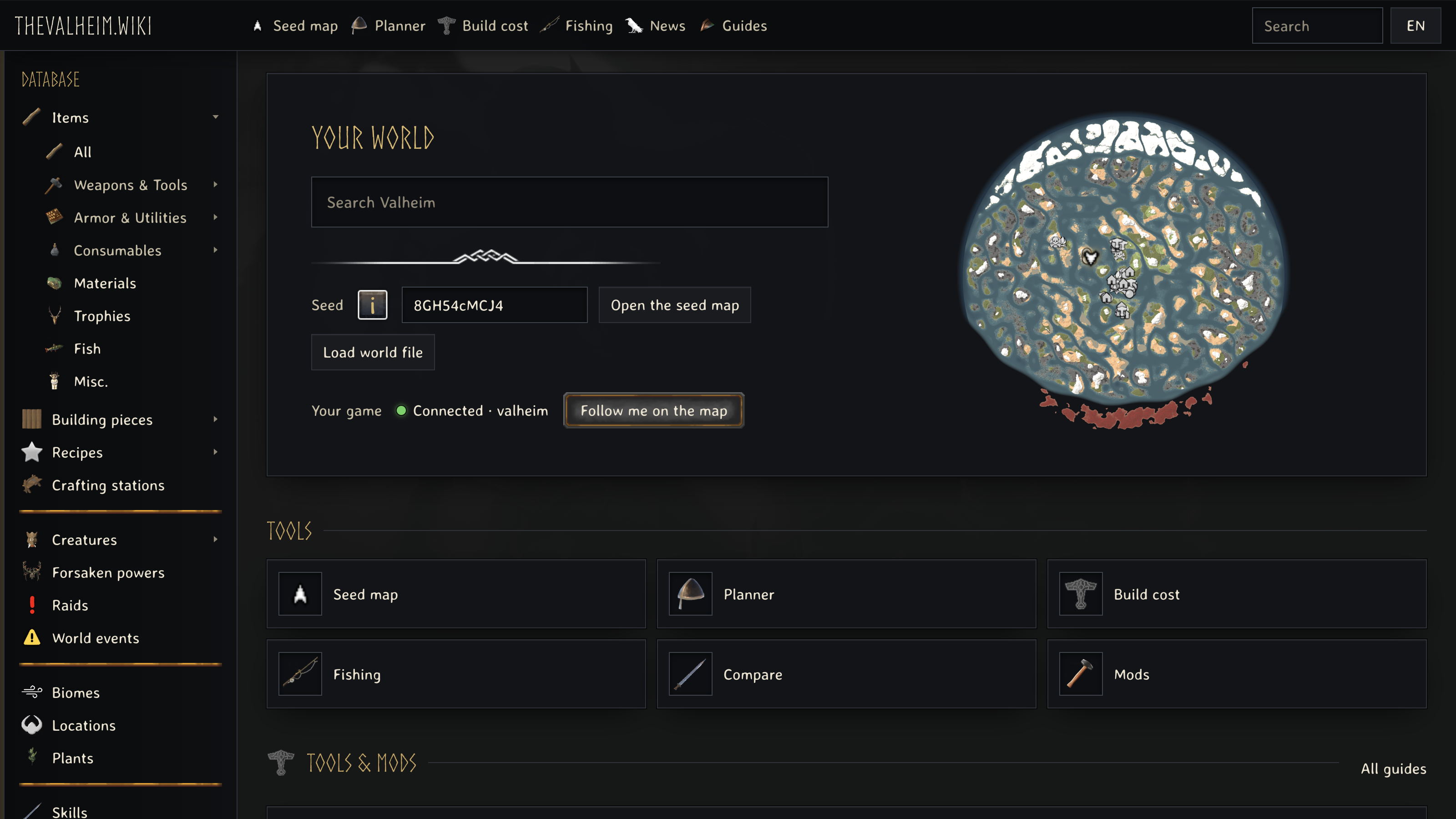 The site showing Connected and Follow me on the map with Valheim running