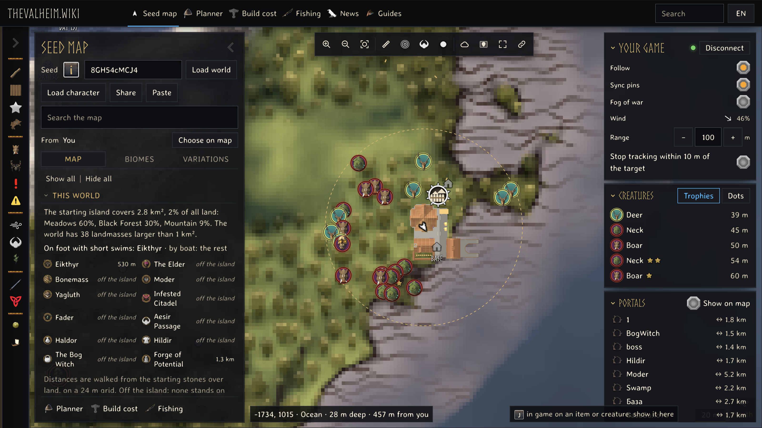 The live map connected to Valheim, showing the player and nearby creatures