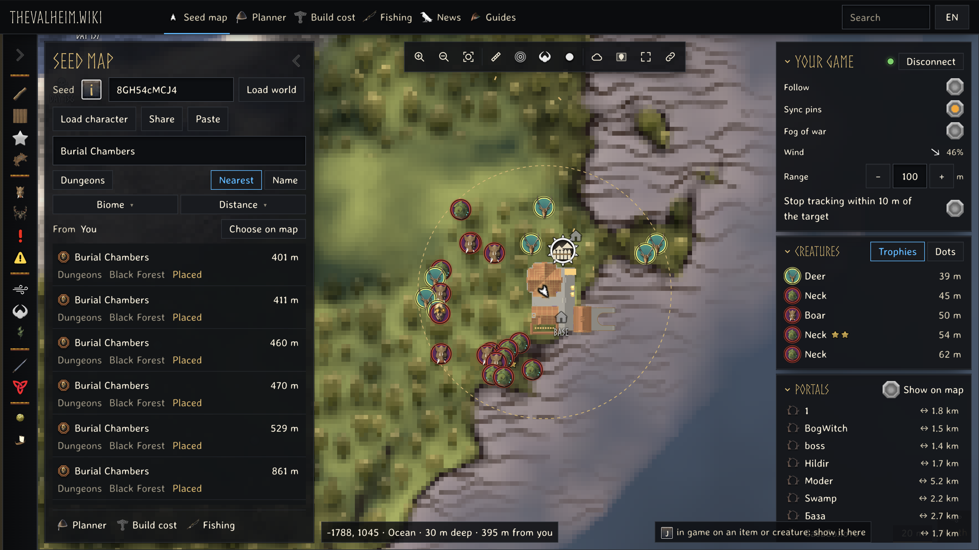 Burial Chambers search results ordered by distance from the connected player