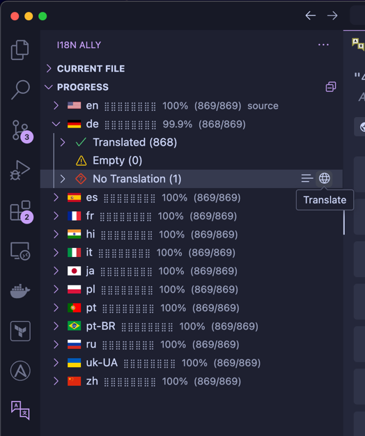 Machine translation in i18n Ally