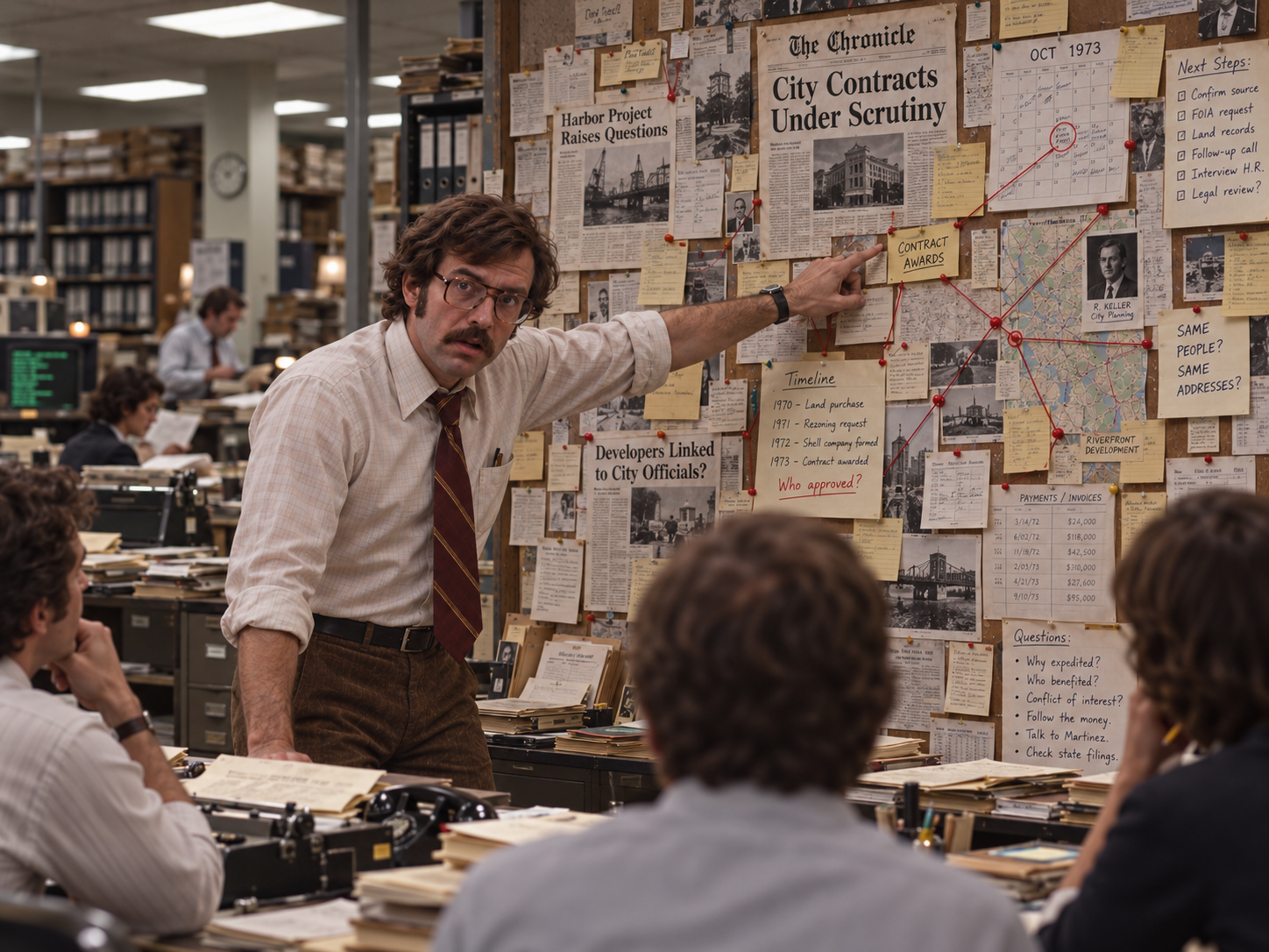 A 1970s office worker explaining a wall-sized investigation board covered with a map, notes, portraits, diagrams, colored markers, and connecting thread