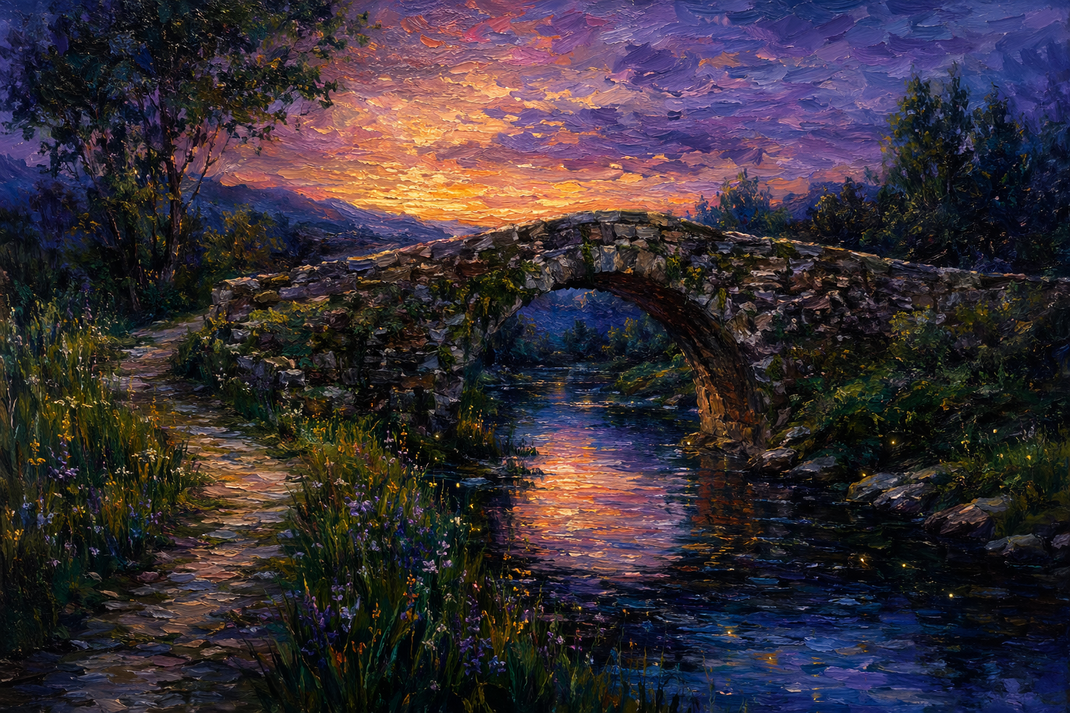 Oil painting of a stone bridge over a stream at twilight