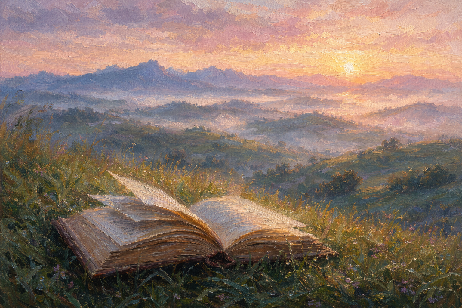 Oil painting of an open book on a hilltop at dawn