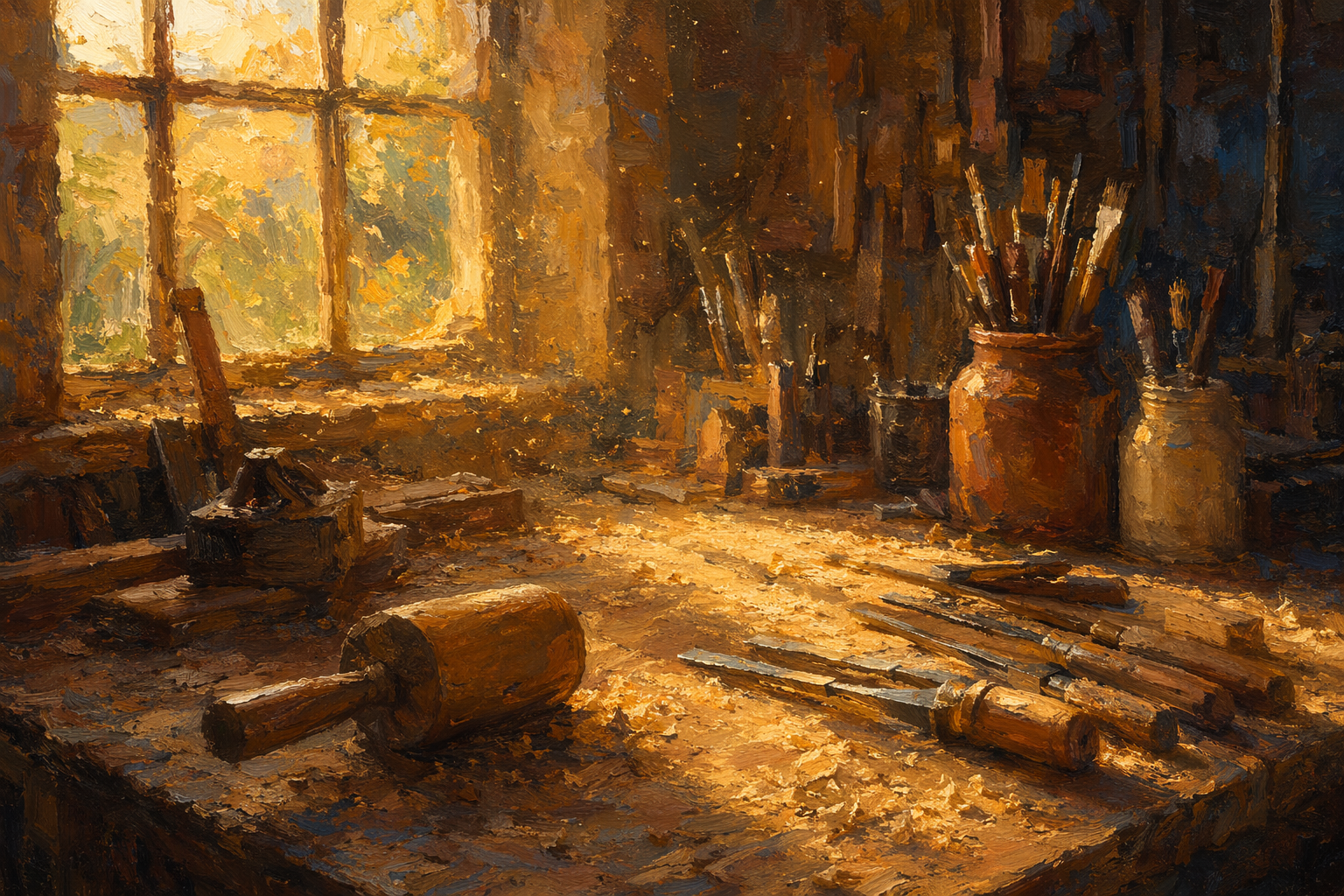Oil painting of a workbench at golden hour