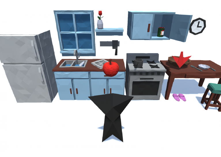 The player, standing in a kitchen, is holding an apple above their head.