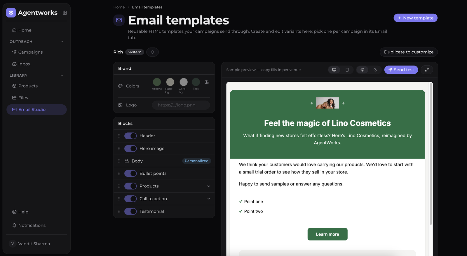 A branded HTML pitch email designed in Agentworks Scout, showing the product inside the email