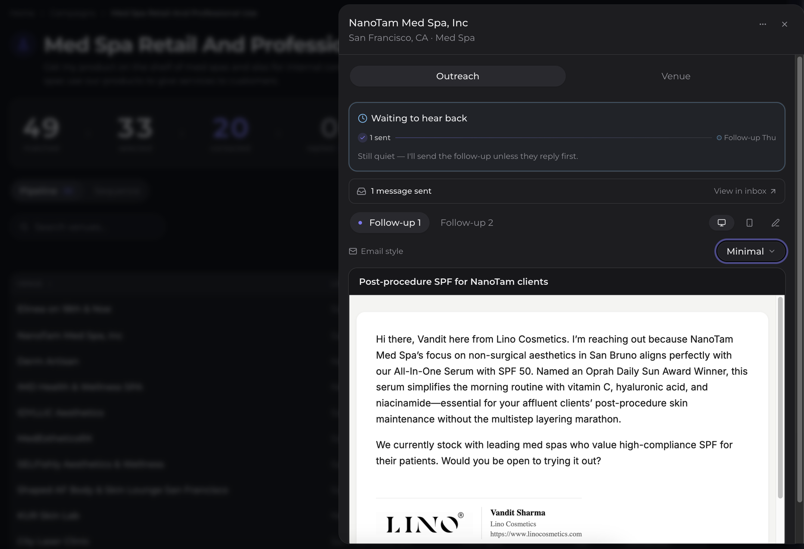 Agentworks Scout tracking email opens and sending spaced-out follow-ups to a retail buyer