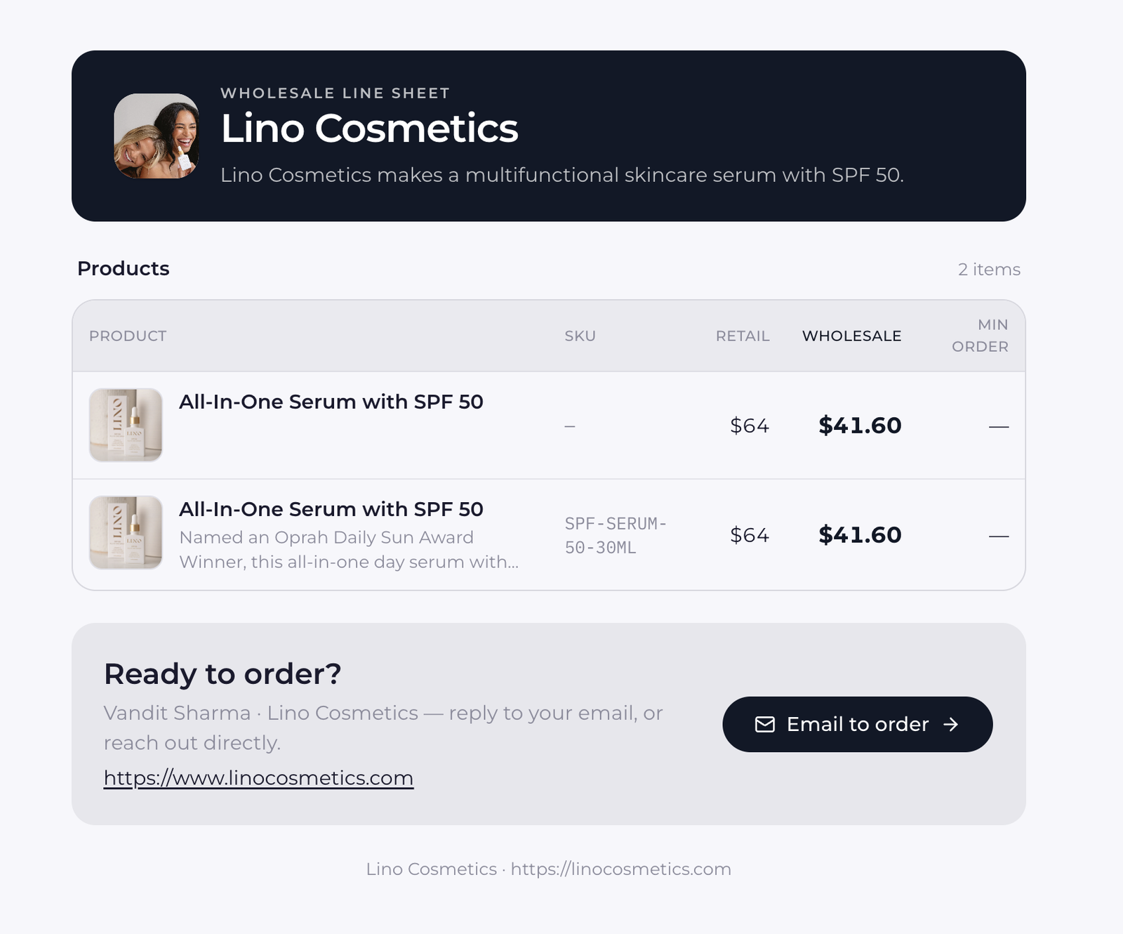A CPG line sheet generated by Agentworks Scout, with products, wholesale pricing and terms