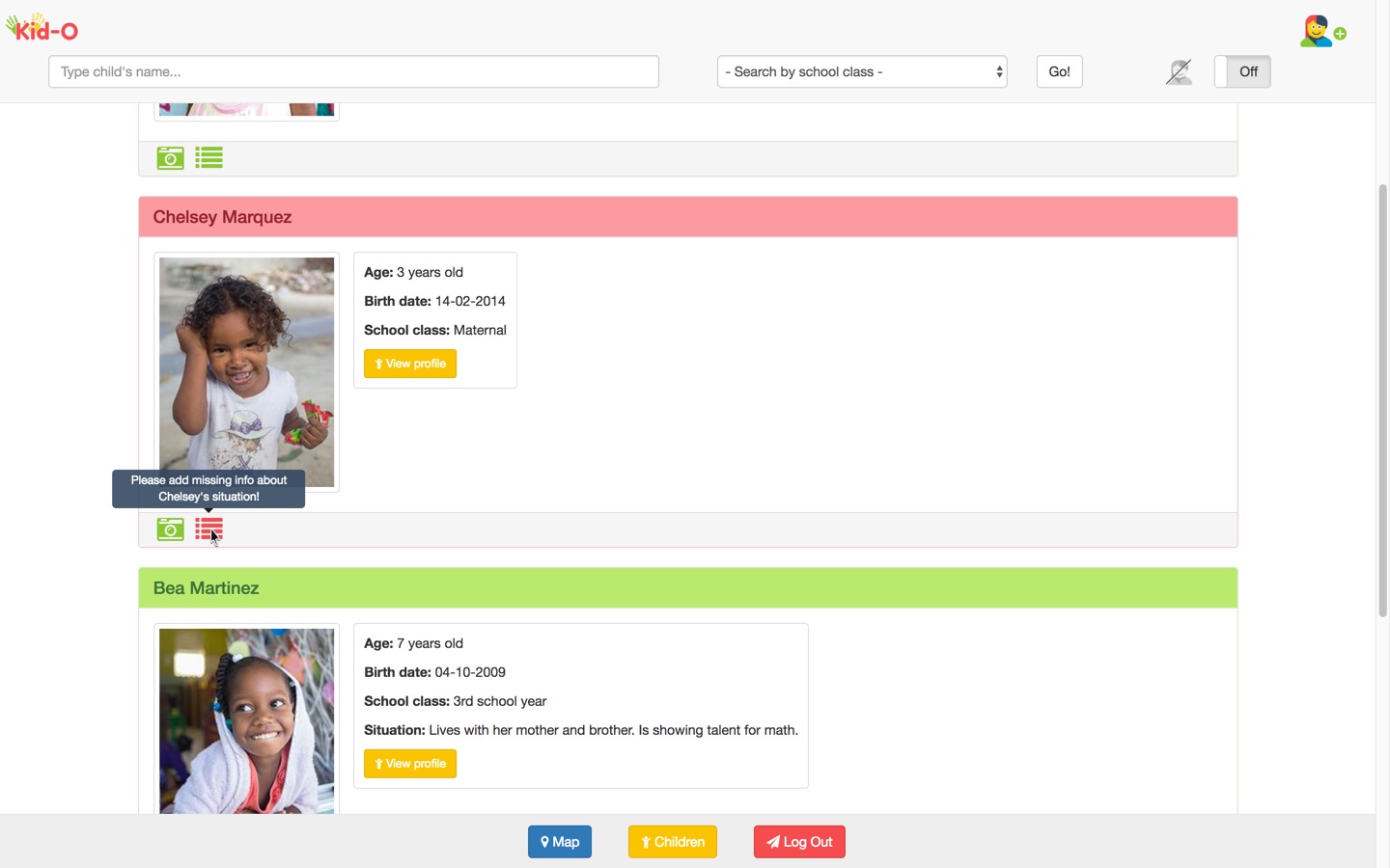 Display of missing information on the child profile preview