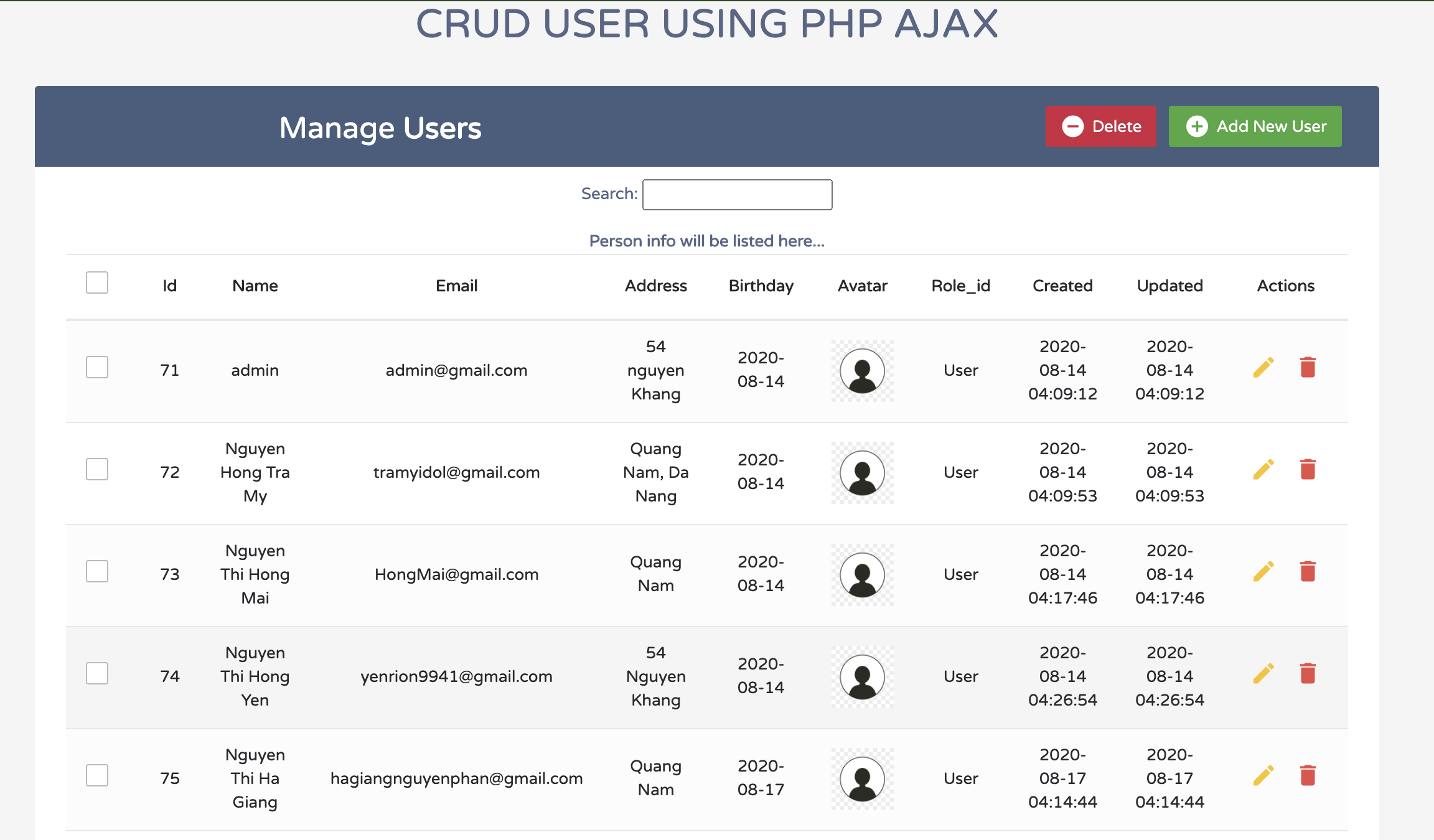 the template of user management