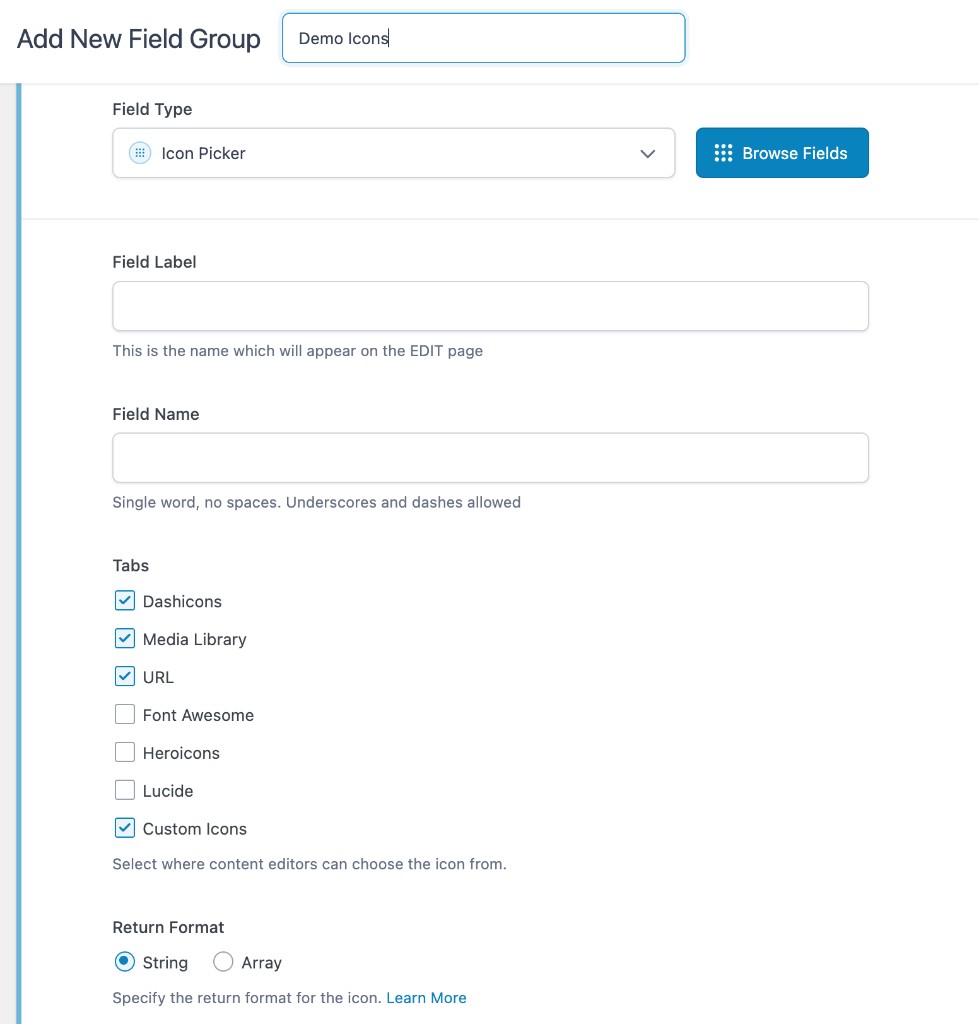 ACF field settings