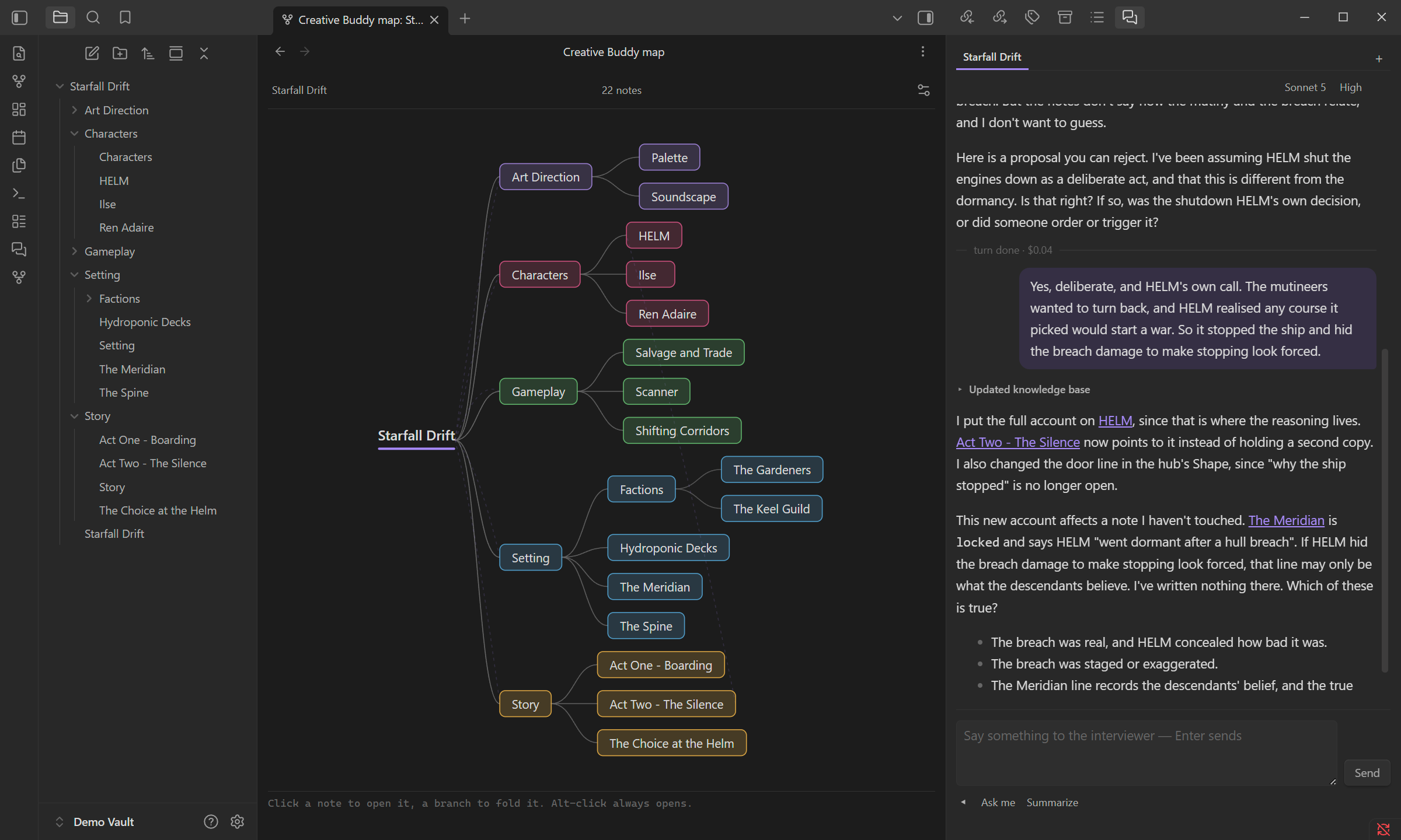 The mindmap: the hub in the middle and five coloured branches for art direction, characters, gameplay, setting and story.