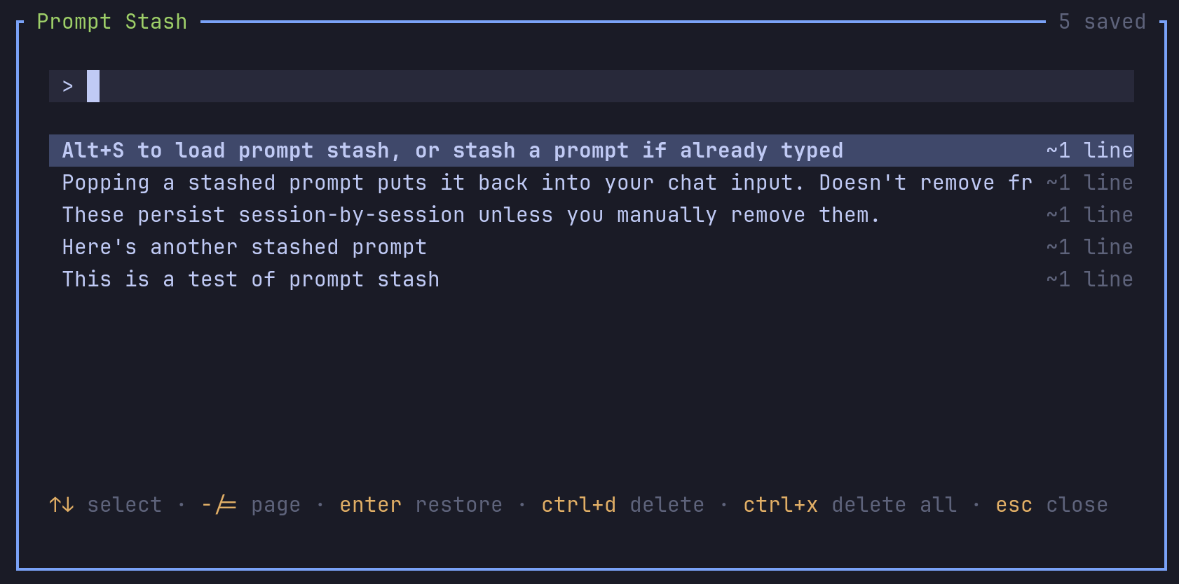 Prompt Stash popup