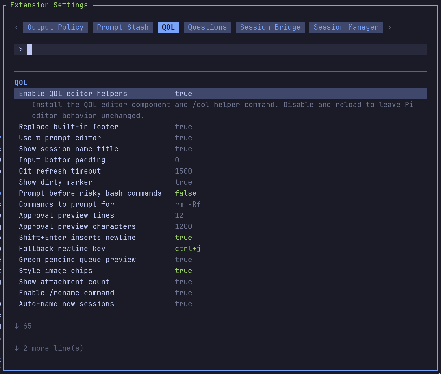 QOL extension settings panel