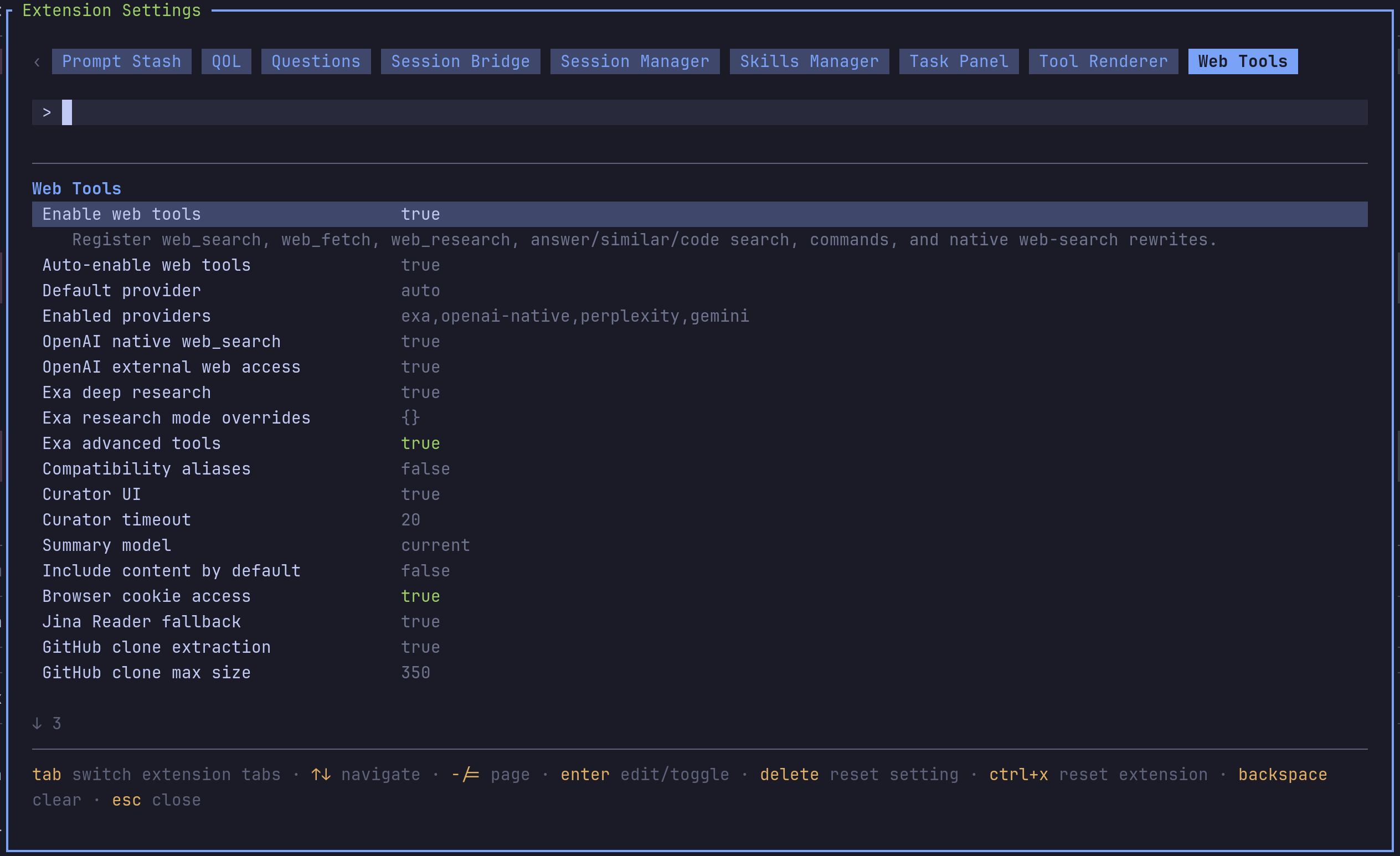 Web Tools settings panel