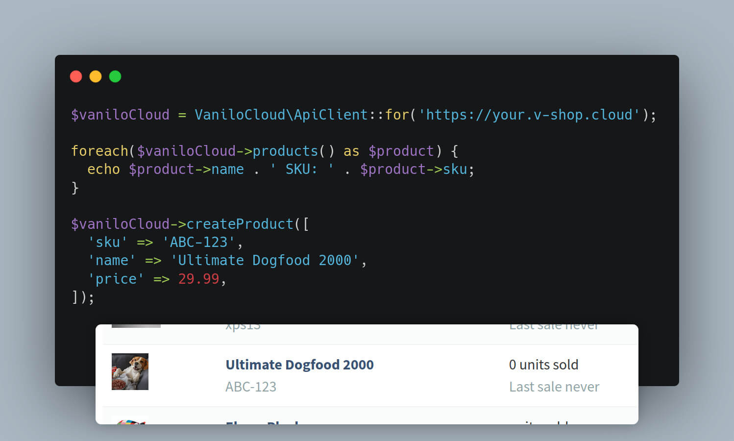 Vanilo Cloud PHP Code Sample
