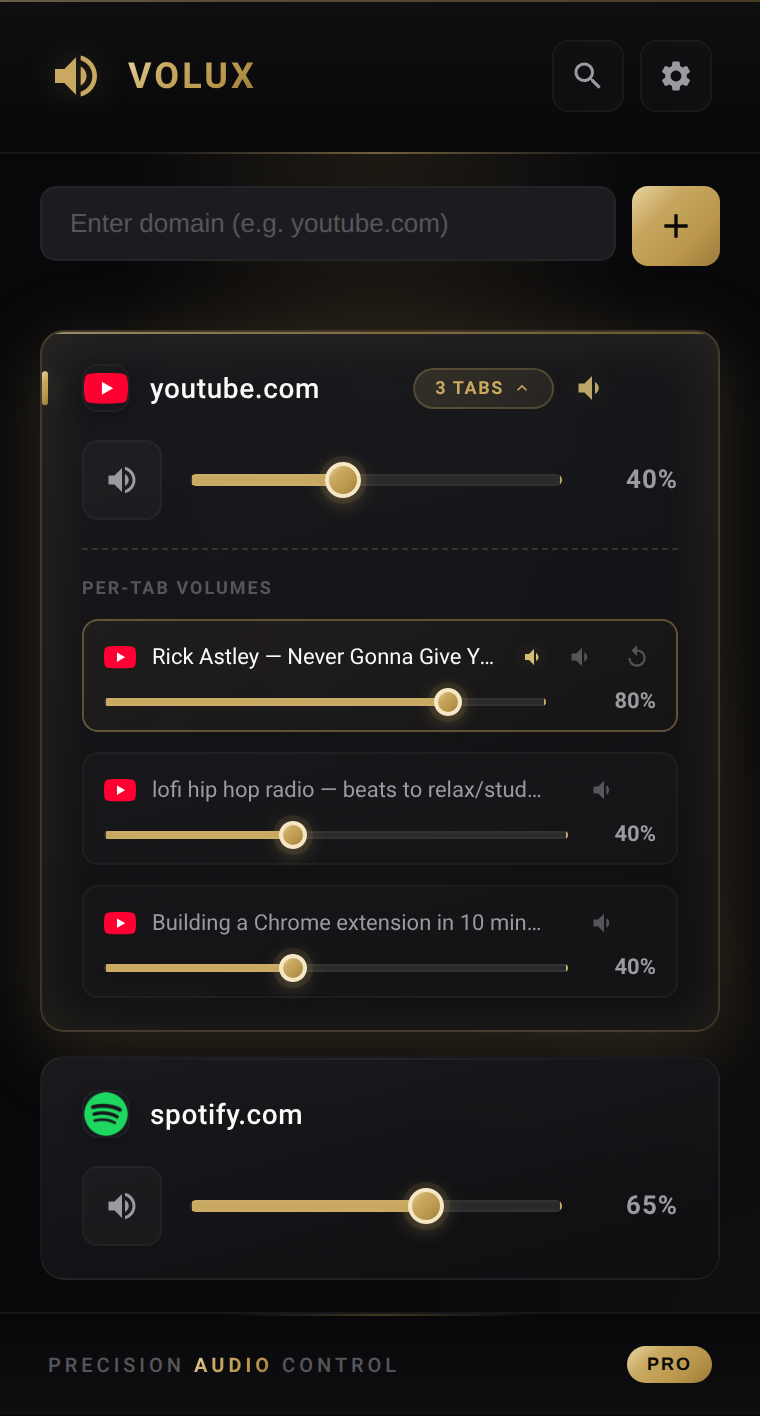 Volux popup with per-tab volume sliders — three YouTube tabs at three different volumes