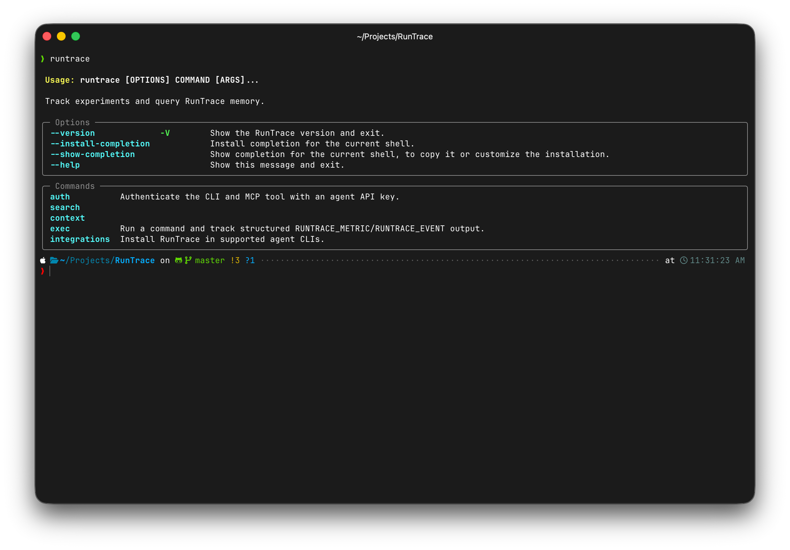 Mono CLI showing authentication, search, context, tracked execution, and agent integration commands