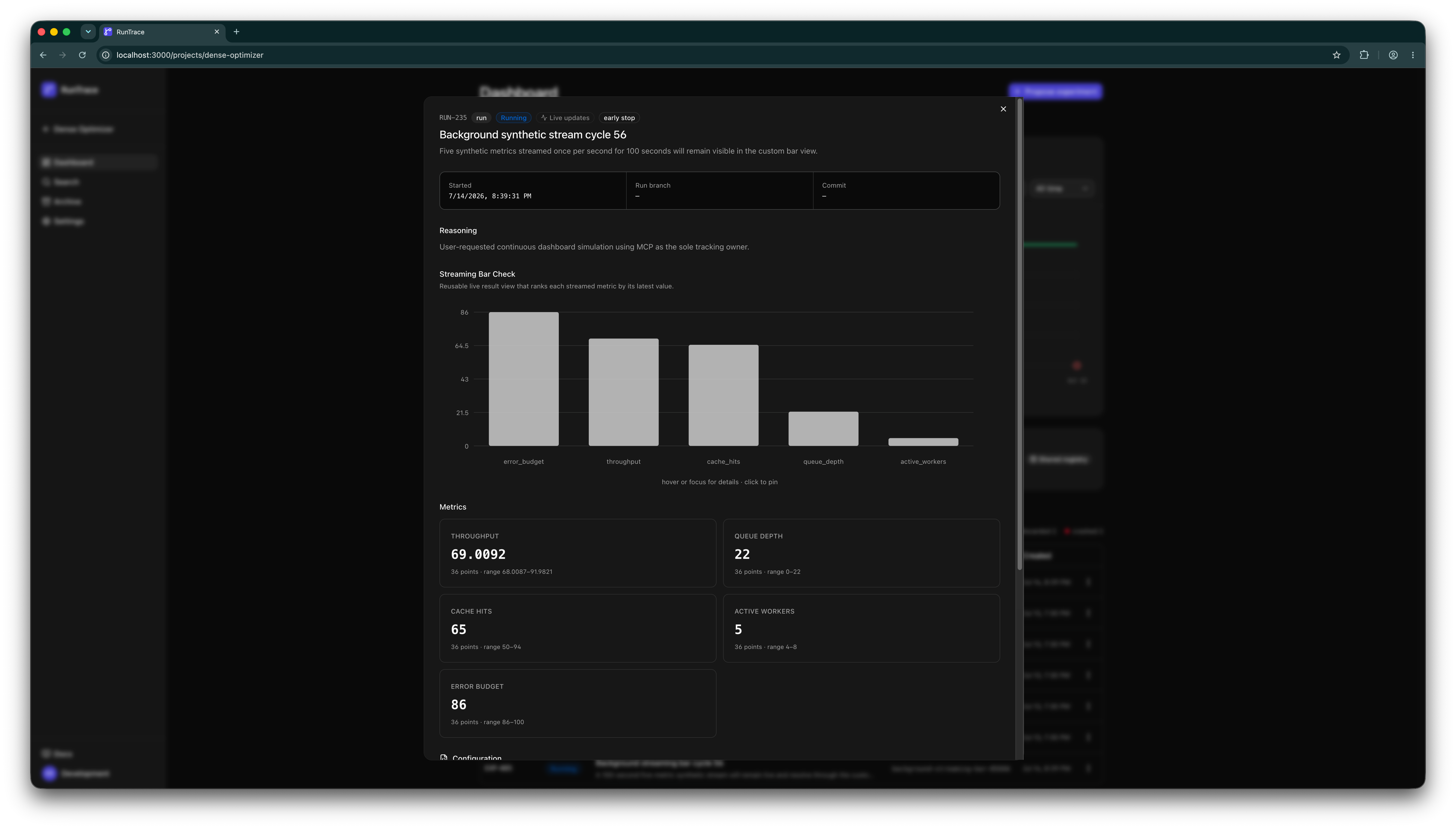 Mono live experiment detail showing streamed metrics in a reusable custom visualization