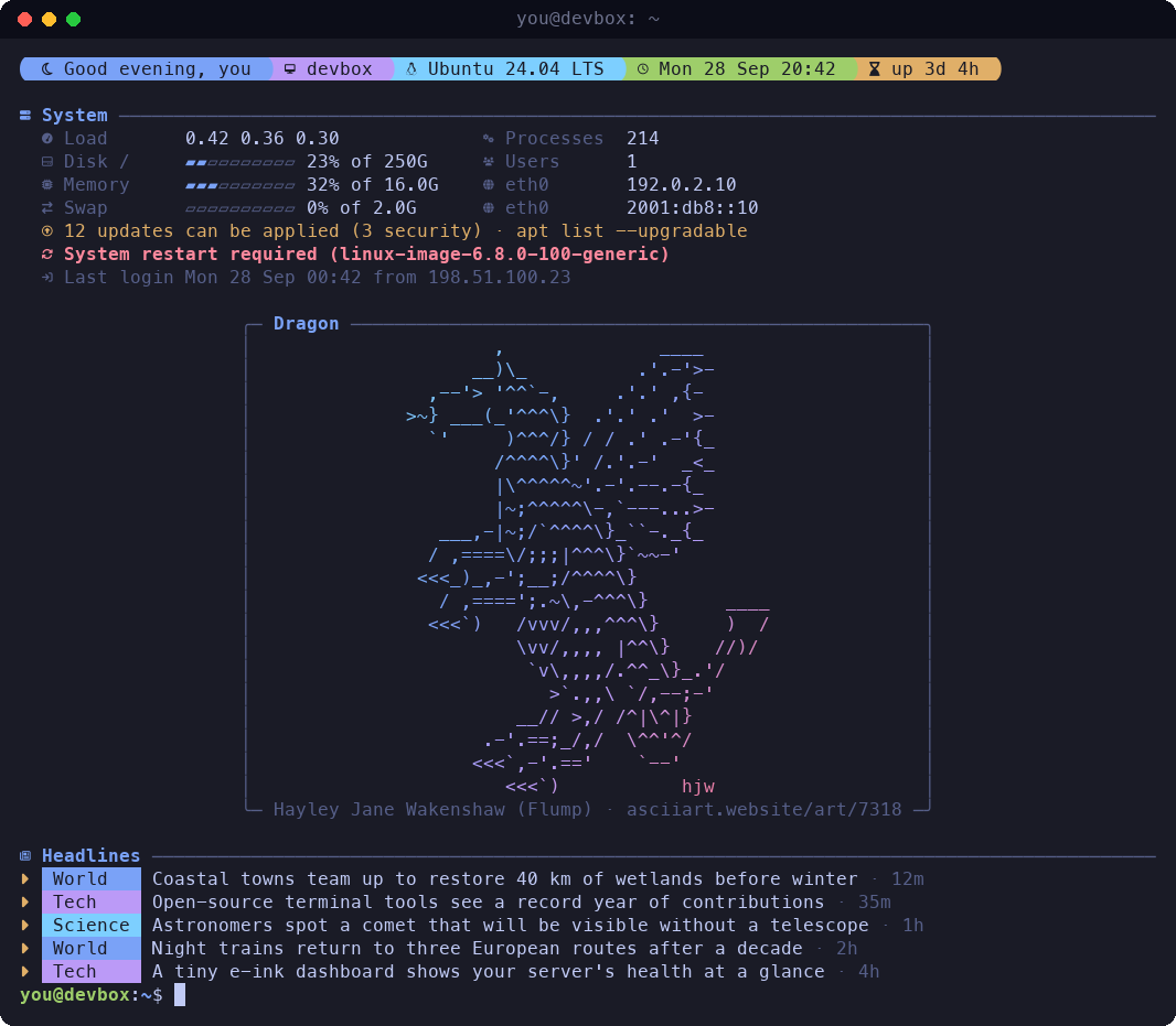 hothello greeting a login: a powerline header, a System summary, a gradient-coloured dragon in a titled frame, and news headlines
