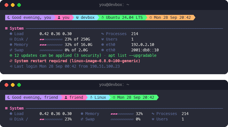 The same greeting with privacy mode off (top) and on (bottom)