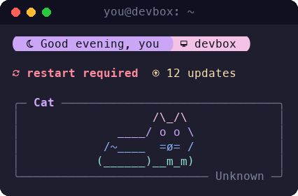A 40 by 12 phone-sized terminal: the header, one alert line and a small cat