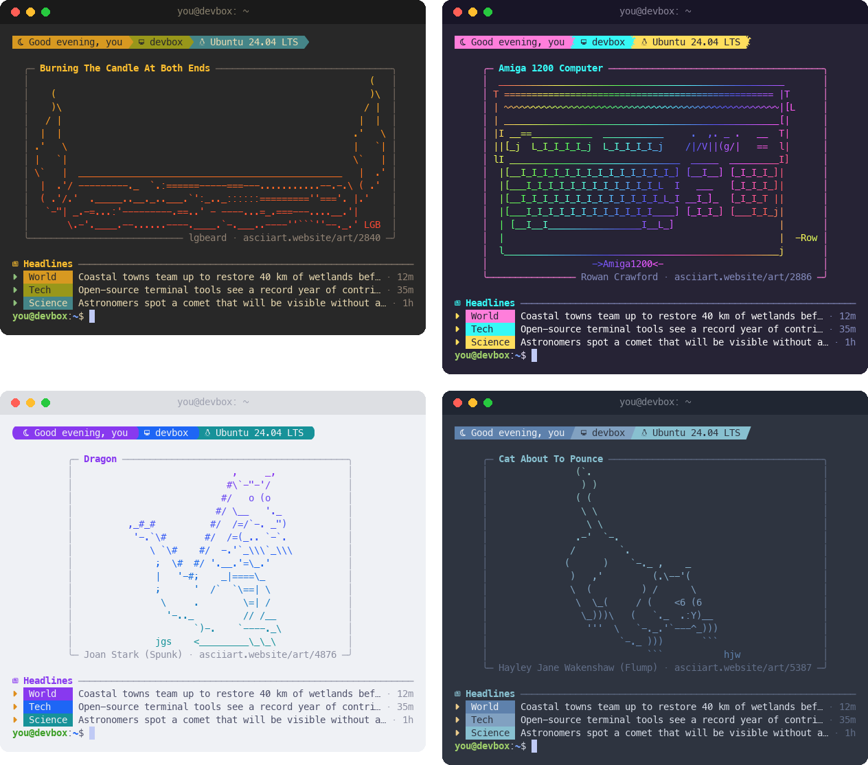 The same greeting in four themes: Gruvbox, Synthwave '84 with rainbow art, Catppuccin Latte on a light background, and Nord