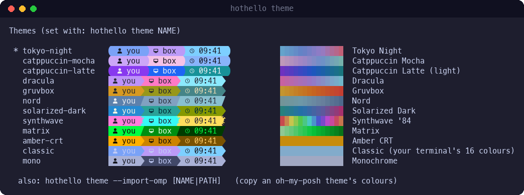 Output of hothello theme: each theme's header bar and art colours side by side
