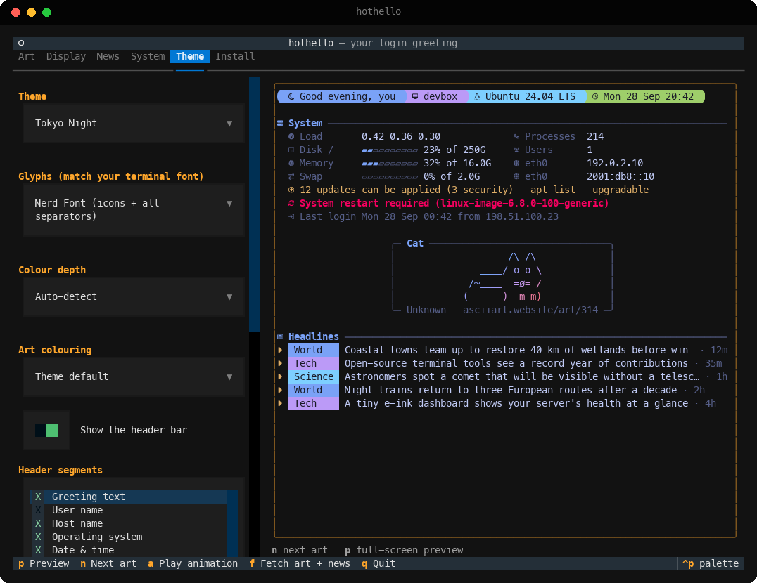 The Theme tab: theme, glyph and colour options with a live preview