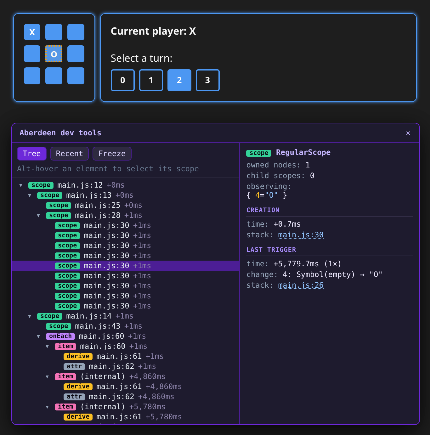 The Aberdeen developer tools inspecting an app