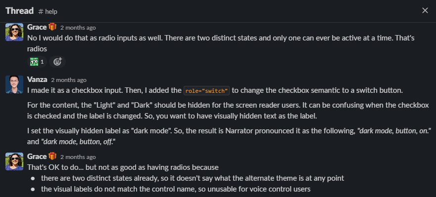 A thread in the Slack (First part) — Grace tells me that using radio inputs is better than using checkbox input.