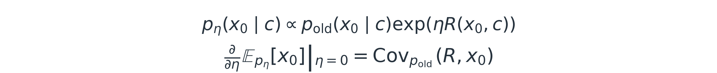 p_eta(x_0 given c) is proportional to p_old(x_0 given c) exp(eta R); the derivative at eta=0 of its mean endpoint equals Cov_old(R, x_0)