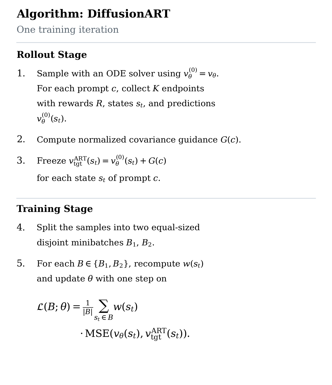 Algorithm: ODE sampling, covariance guidance, frozen targets, and two disjoint MSE updates