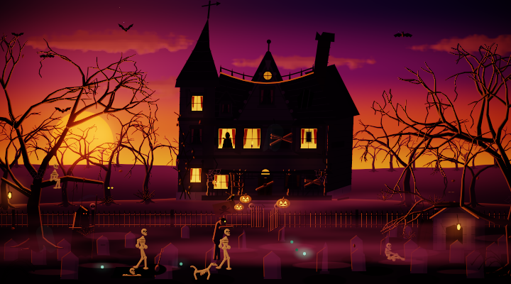 Haunted house at sunset