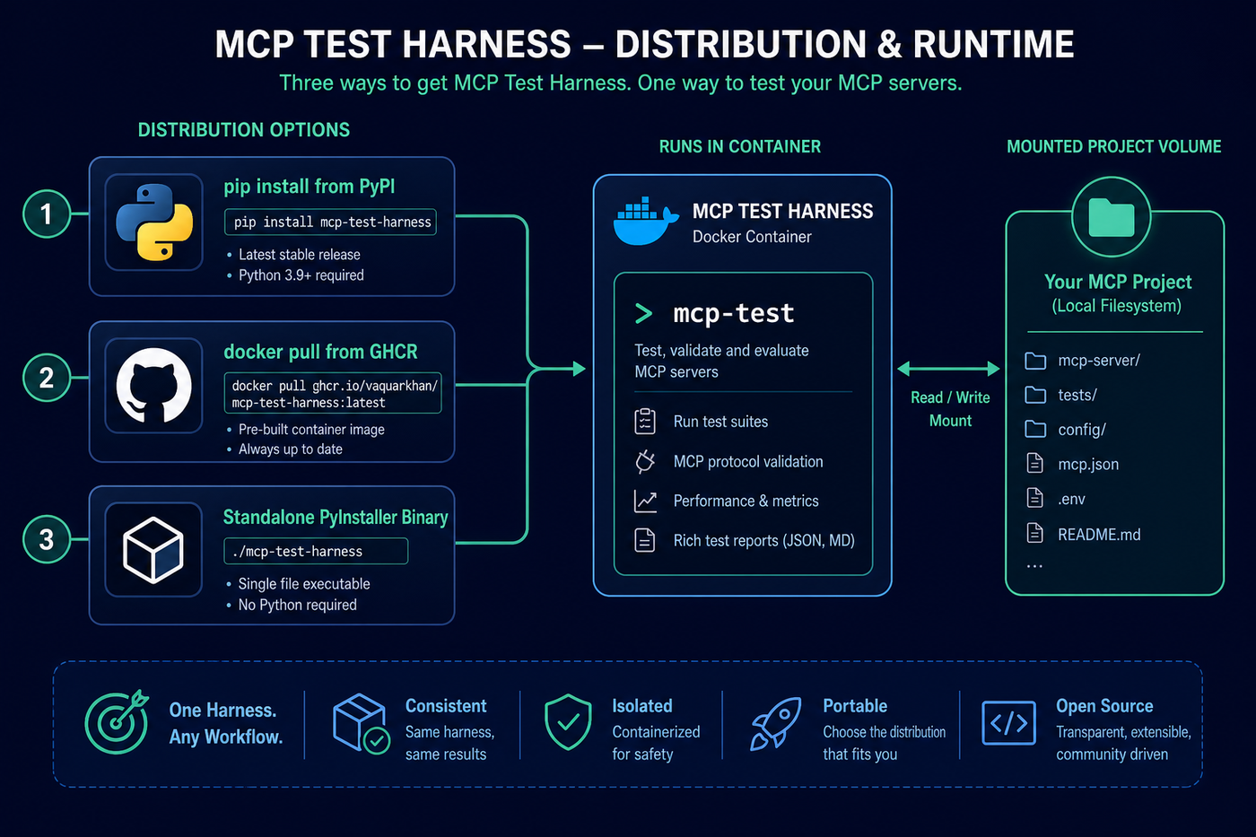Install via pip, pull the GHCR container image, or use the standalone binary - three ways to run mcp-test