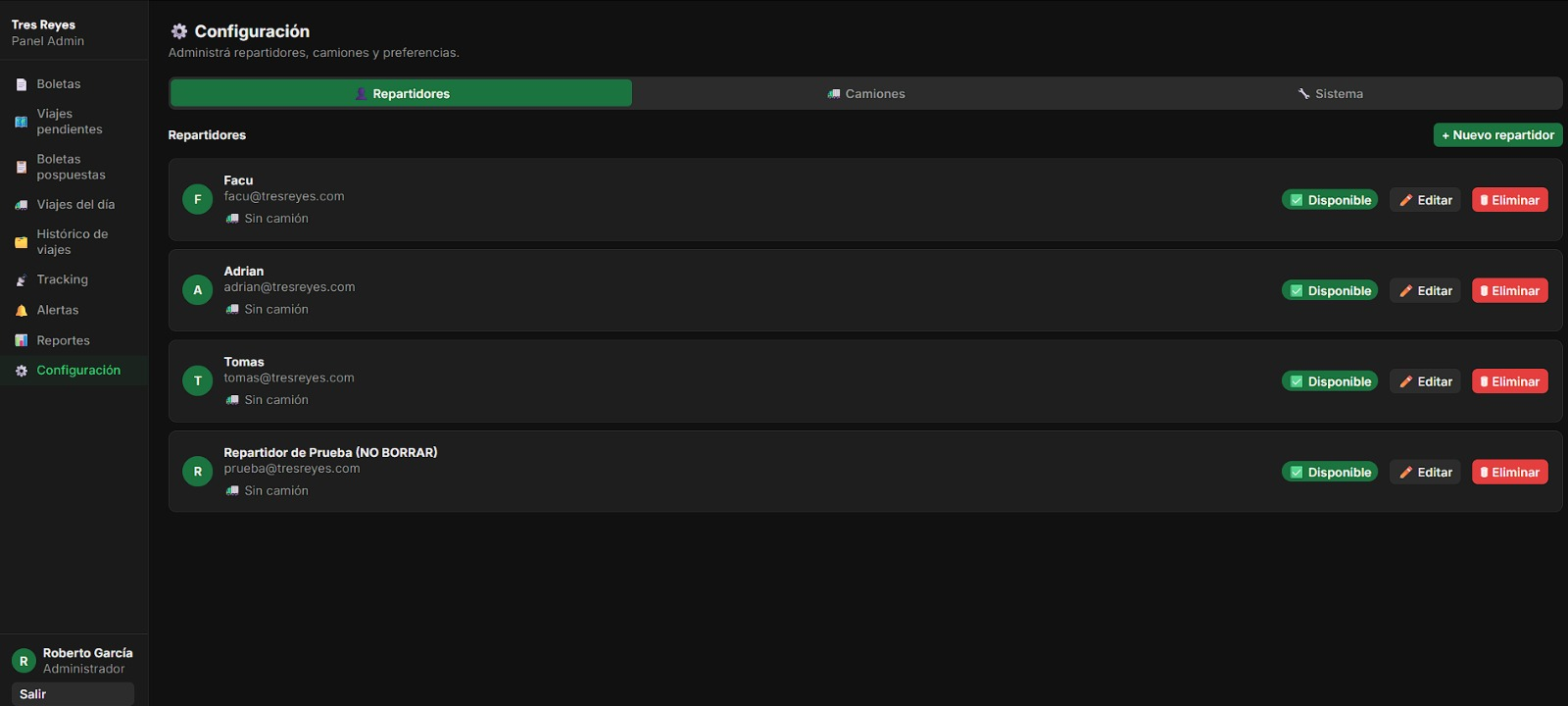 Configuración de Flota y Repartidores