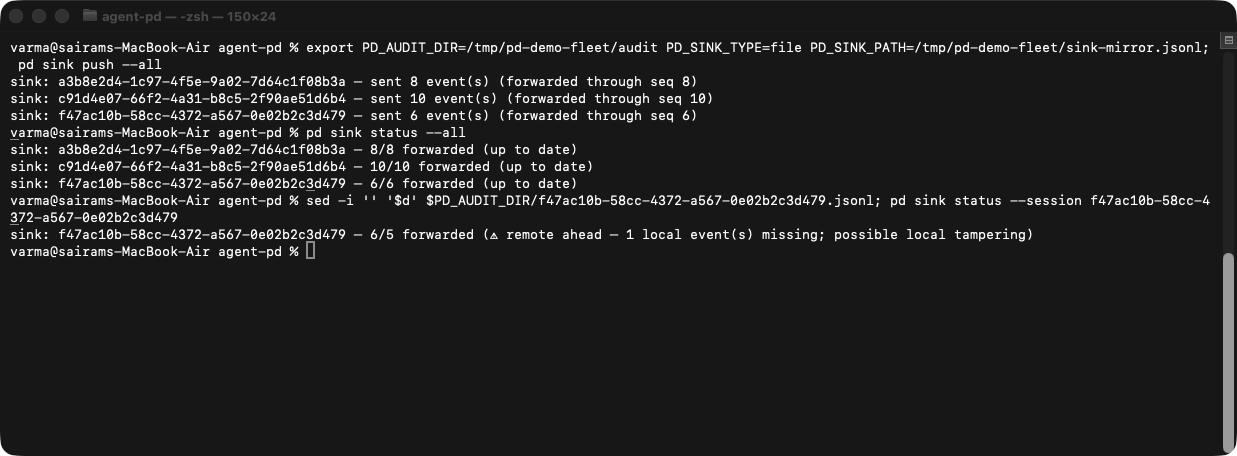 pd sink: push all chained events to the off-host sink, status shows fully forwarded; after deleting one local event, status flags remote ahead — possible local tampering